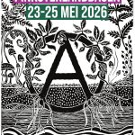 kleine versie van de PL26 poster, een linoprint met een grote omcirkelde A met natuur eromheen.
