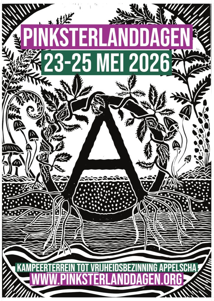 kleine versie van de PL26 poster, een linoprint met een grote omcirkelde A met natuur eromheen.