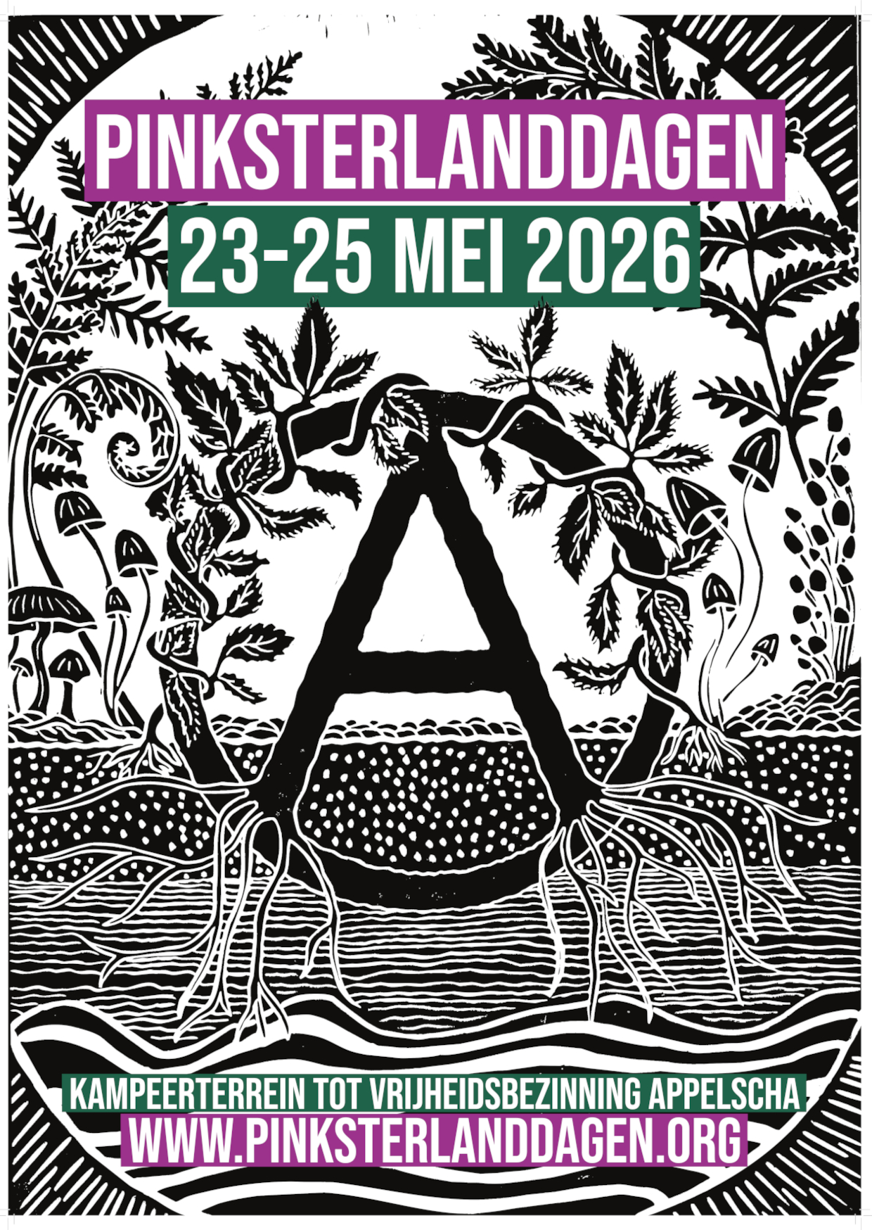 kleine versie van de PL26 poster, een linoprint met een grote omcirkelde A met natuur eromheen.
