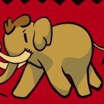 an elephant, mastodon's mascotte, holding a black flag and overturning a burning cop car.