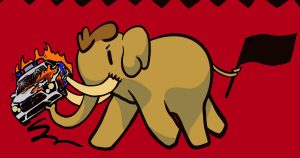 an elephant, mastodon's mascotte, holding a black flag and overturning a burning cop car.