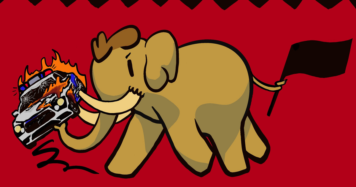 an elephant, mastodon's mascotte, holding a black flag and overturning a burning cop car.