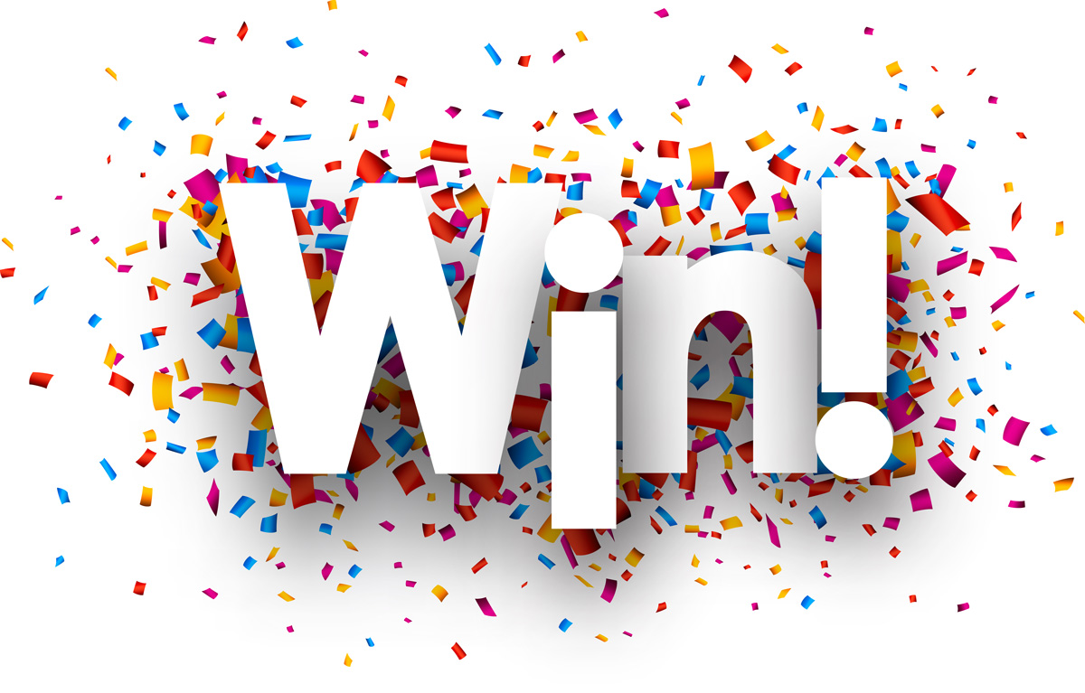 een plaatje met kleurige confetti, waar groot WIN! in staat