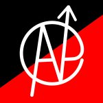 black and red flag, with a white circle combining an A, N and P in an anarcho/squat logo.