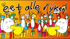 kleurrijke internetmeme-ige tekening met 'eet alle rijken' erboven, een nummer van gijsjaradijsja.