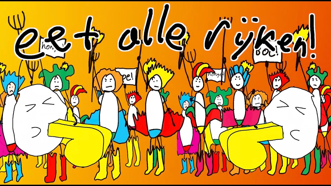 kleurrijke internetmeme-ige tekening met 'eet alle rijken' erboven, een nummer van gijsjaradijsja.